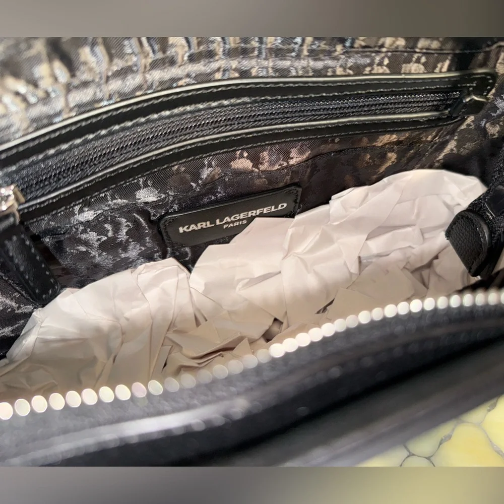 Karl Lagerfeld Paris NWT Classic Black Satchel Red & White KL Patches (P199) - Picture 11 of 11